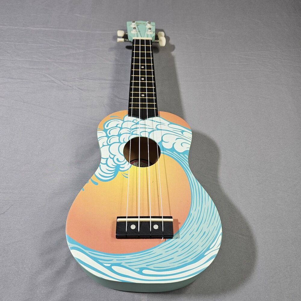 Amahi Soprano Ukulele Ocean Wave Graphic Print Mint Blue Travel Hawaiian Uke